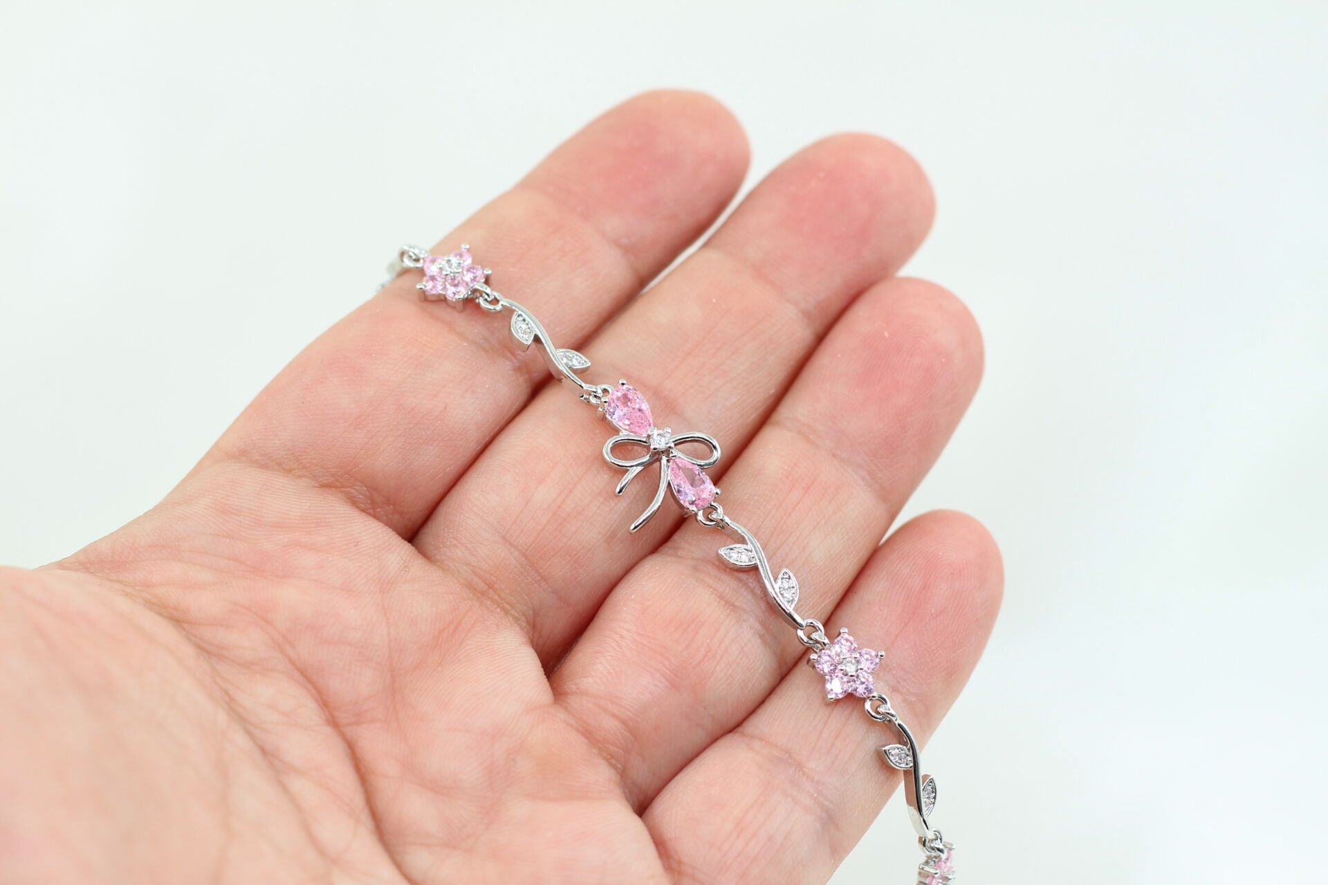 Rodyum Kaplama Fiyonk Bileklik Pembe