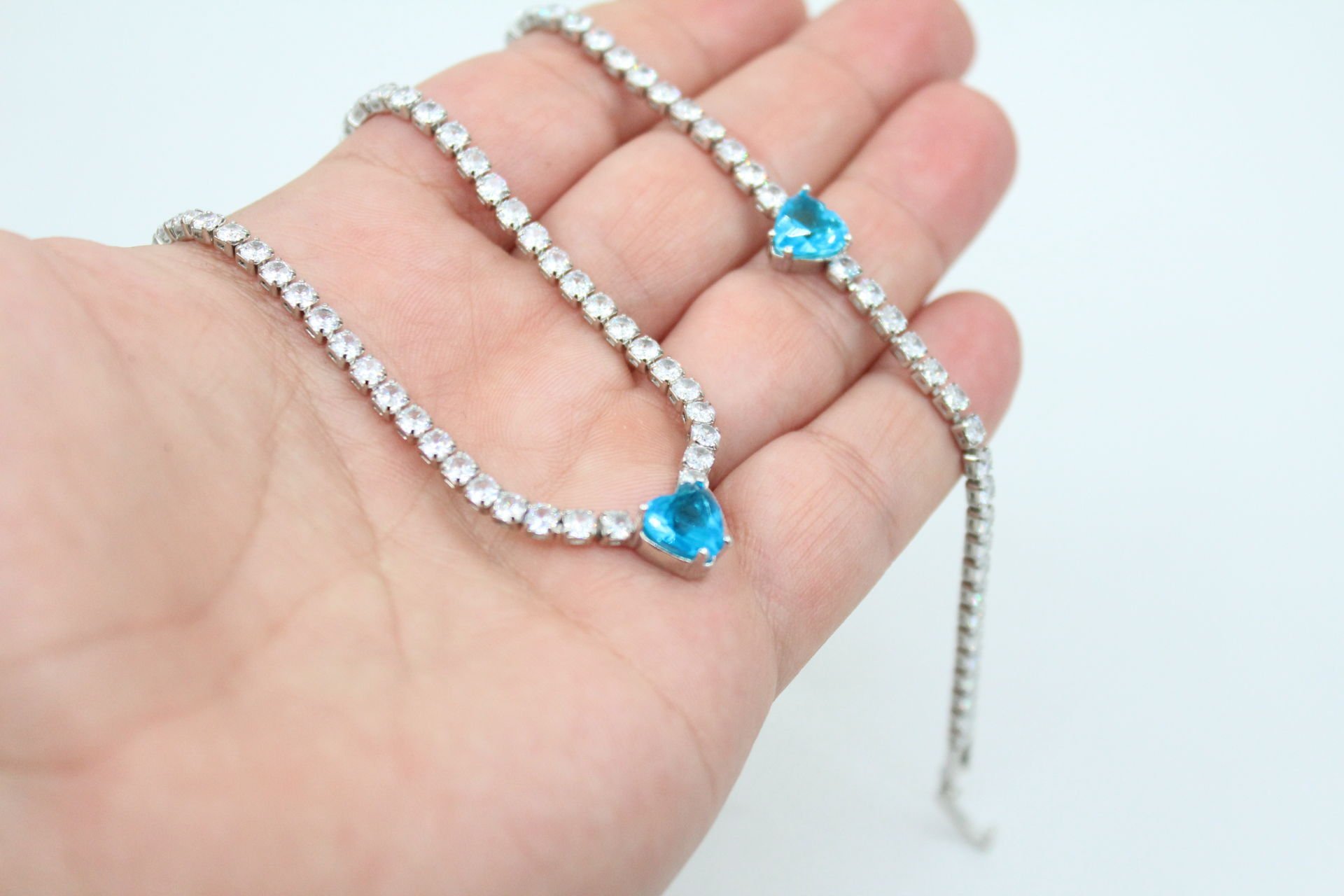 Rodyum Kaplama Mavi Kalp Taşlı Su Yolu Kolye ve Bileklik Seti