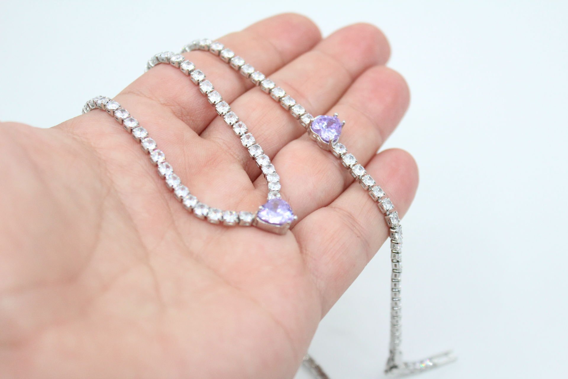 Rodyum Kaplama Lila Kalp Taşlı Su Yolu Kolye ve Bileklik Seti