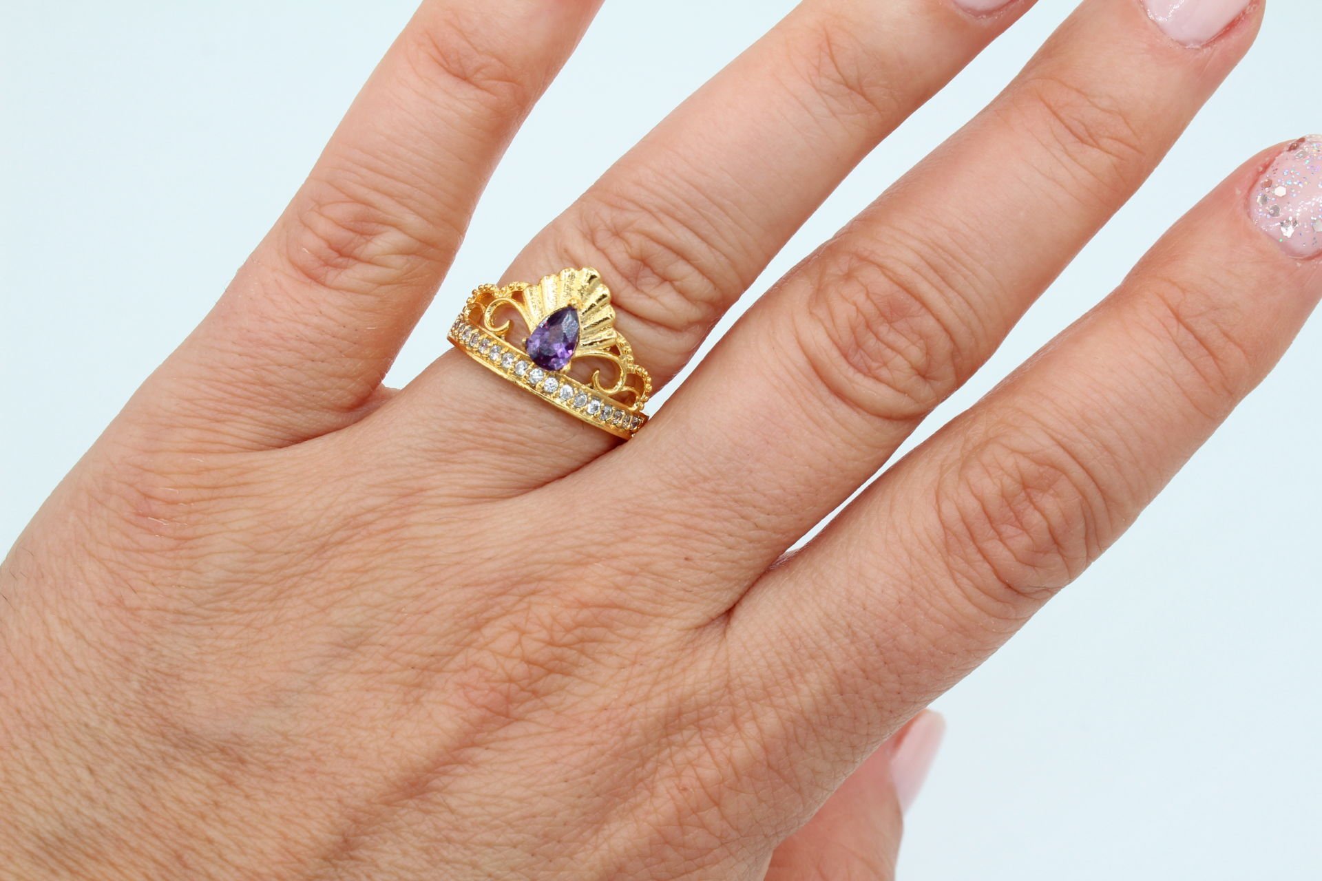 Altın Kaplama Prenses Tacı Mor Yüzük