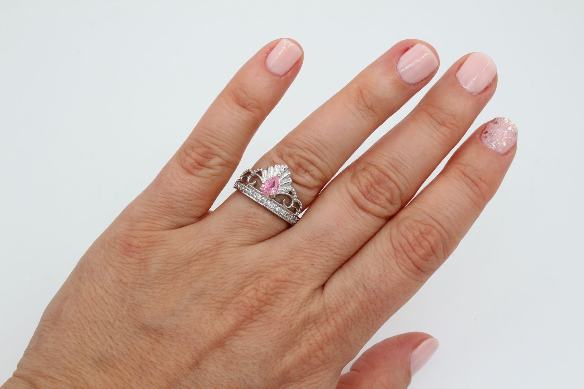 Rodyum Kaplama Prenses Tacı Pembe Yüzük