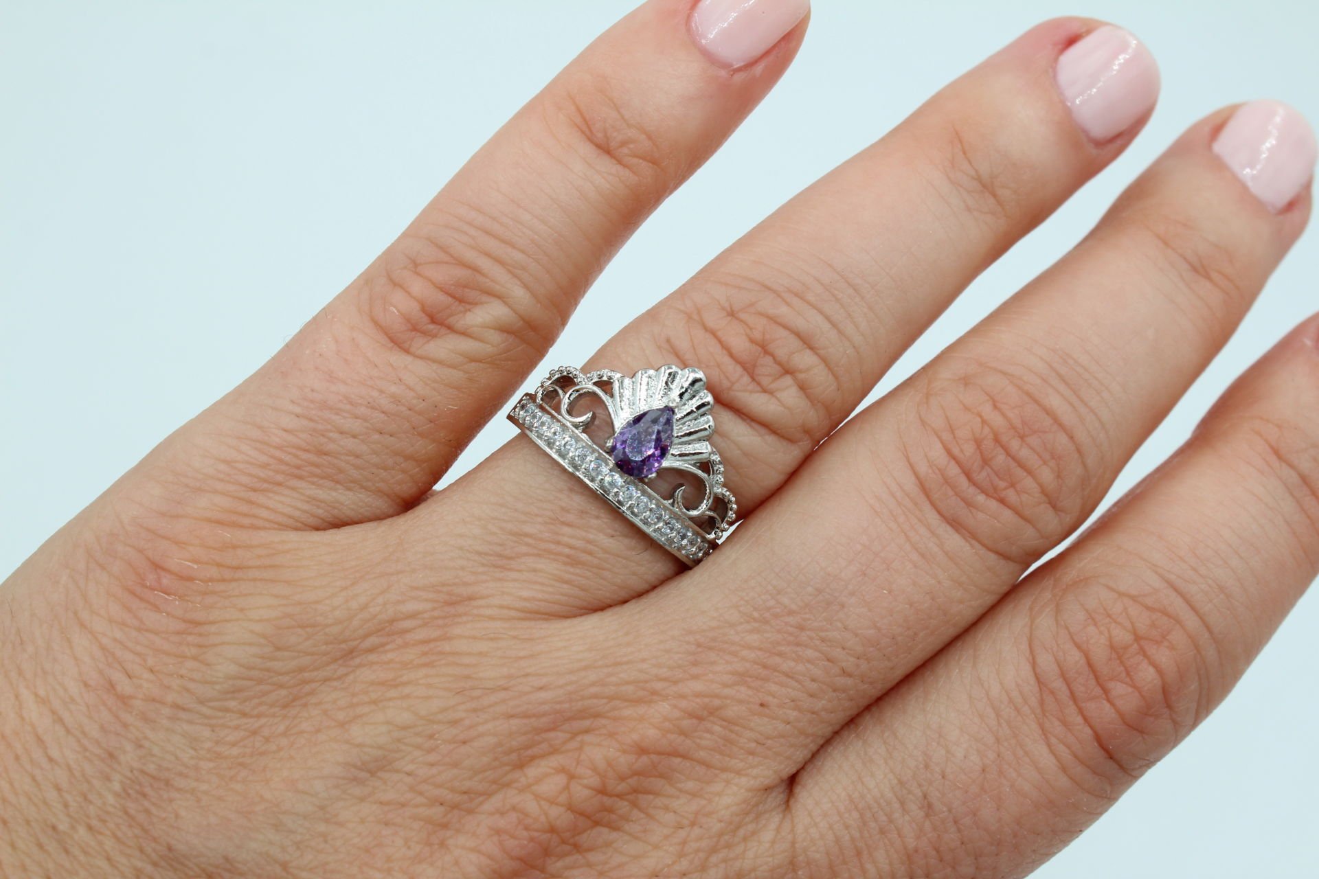 Rodyum Kaplama Prenses Tacı Mor Yüzük