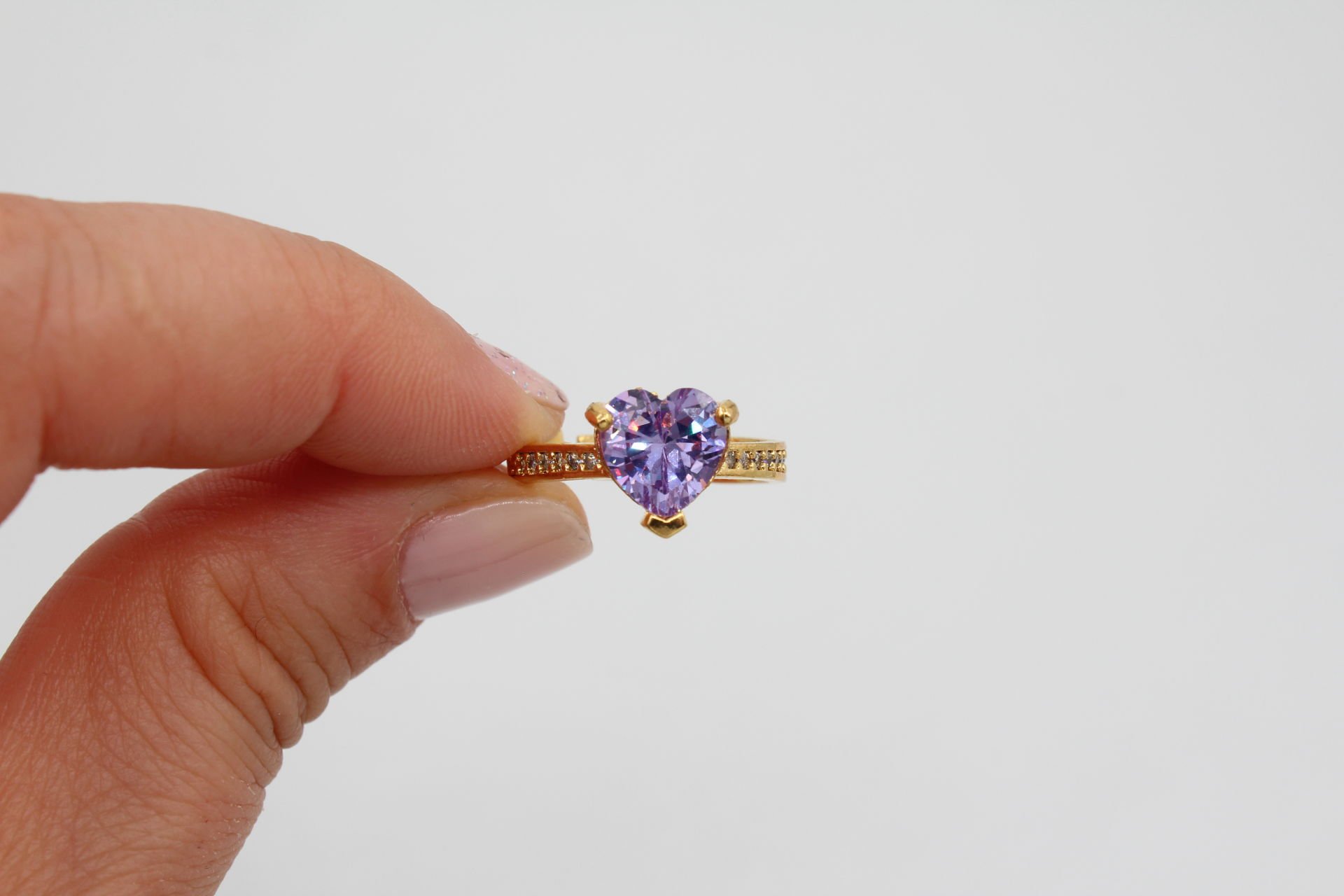 Altın Kaplama 8mm Lila Kalp Zirkonlu Yüzük