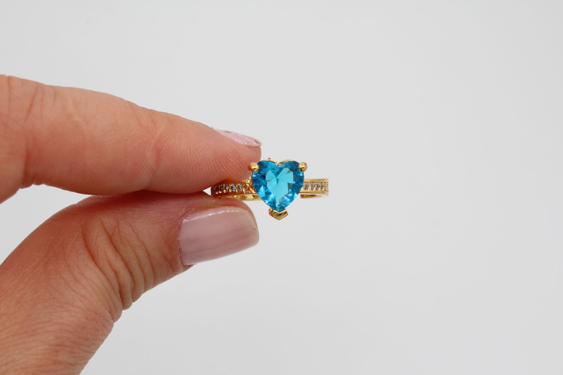 Altın Kaplama 8mm Mavi Kalp Zirkonlu Yüzük