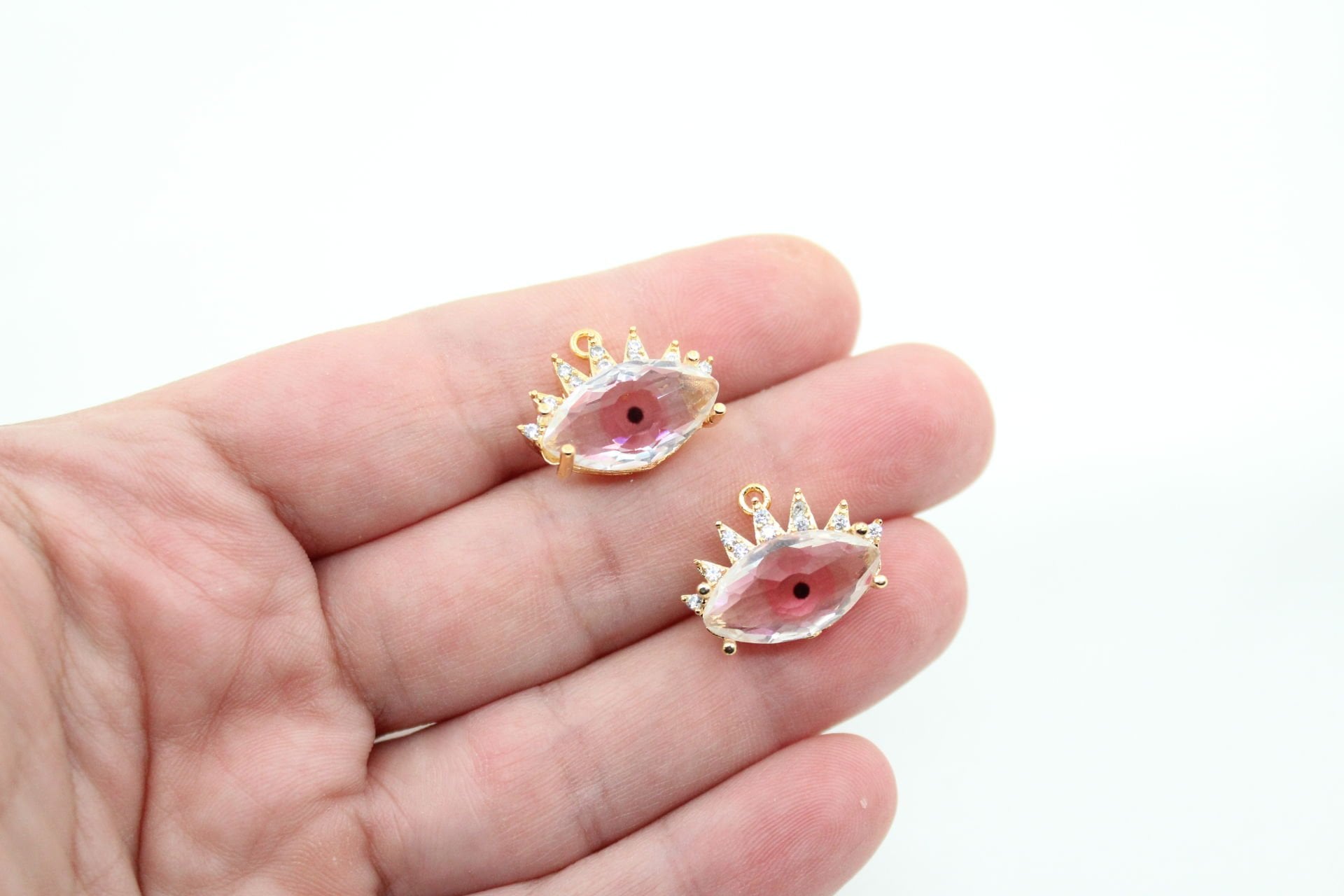 Altın Kaplama Zirkonlu Pembe Cam Göz