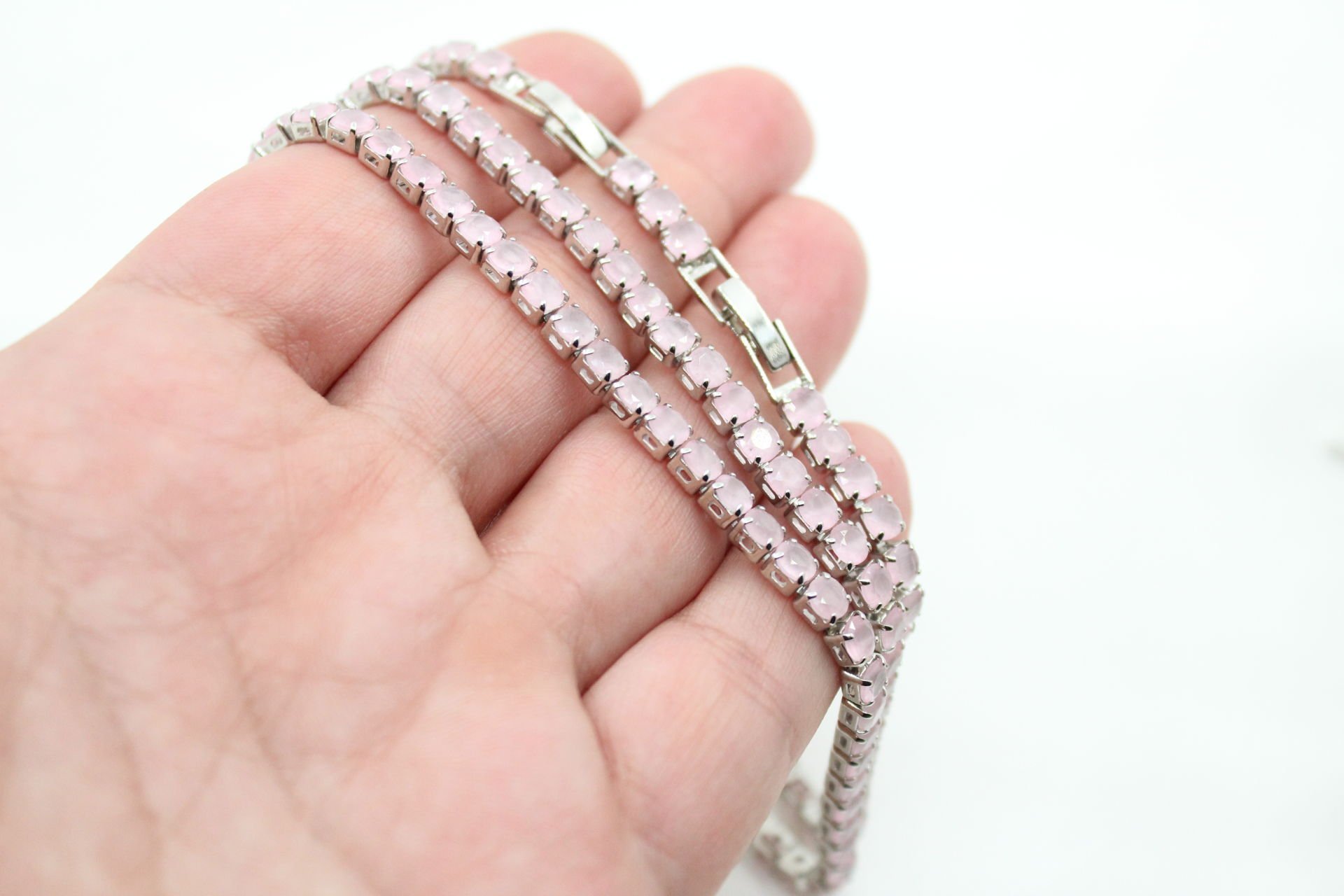 Rodyum Kaplama Buzlu Pembe Su Yolu Bileklik