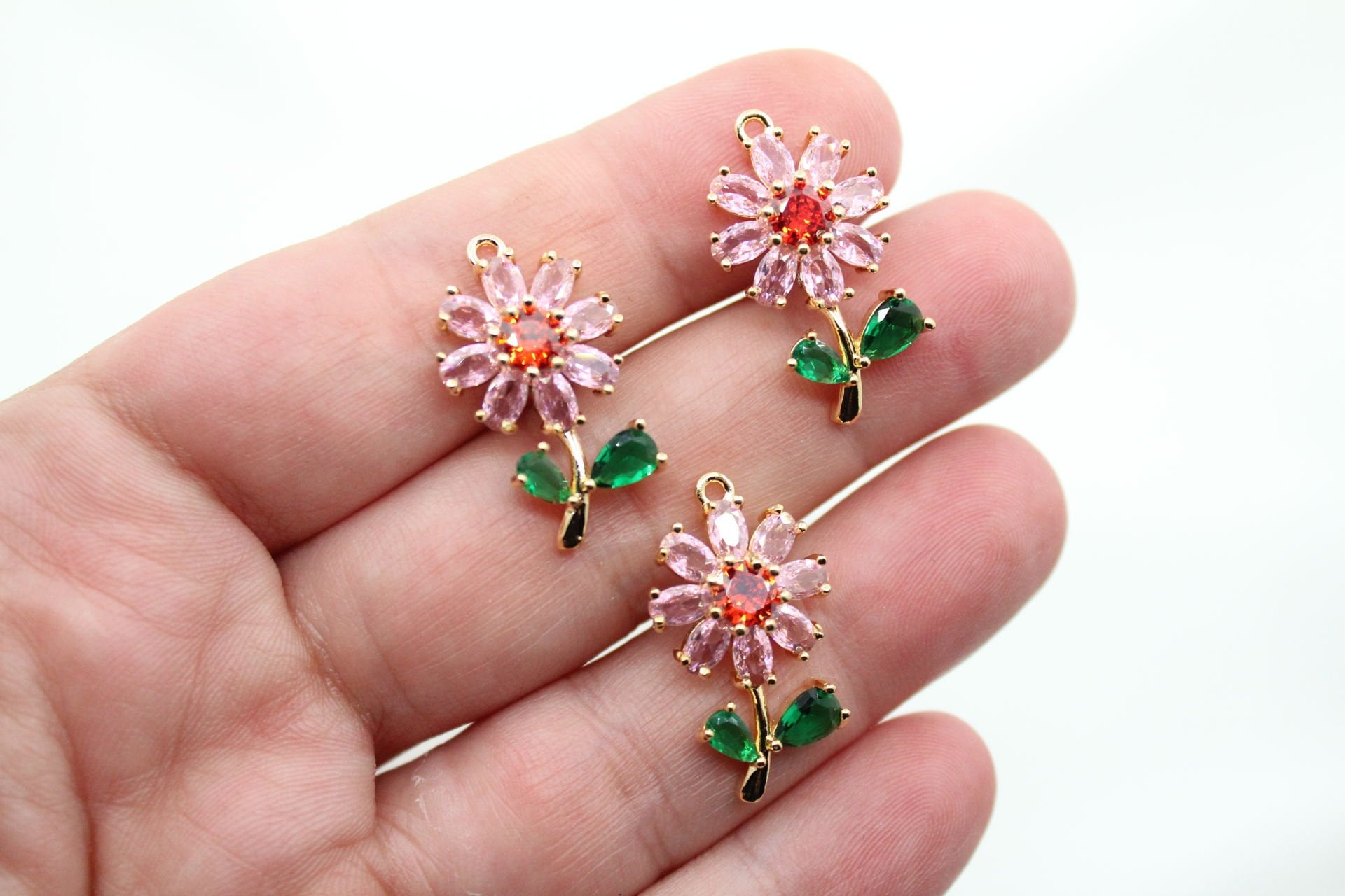 Altın Kaplama Büyük Pembe Taşlı Çiçek