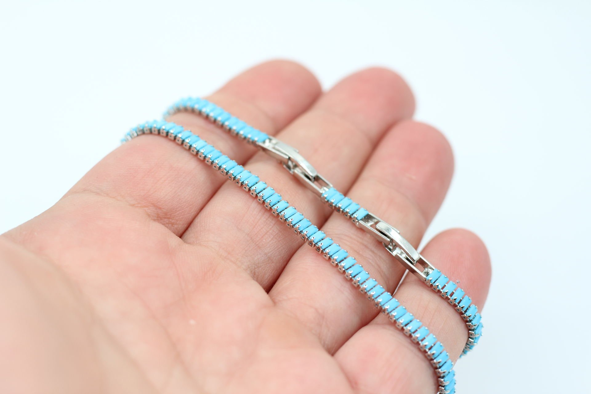 Rodyum Kaplama Turkuaz Minik Baget Taşlı Su Yolu Bileklik