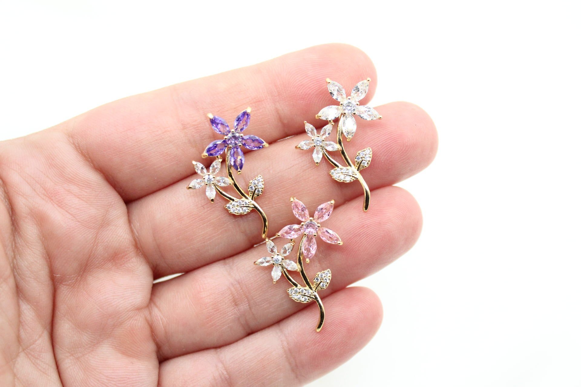 Altın Kaplama Zirkonlu İkili Çiçek