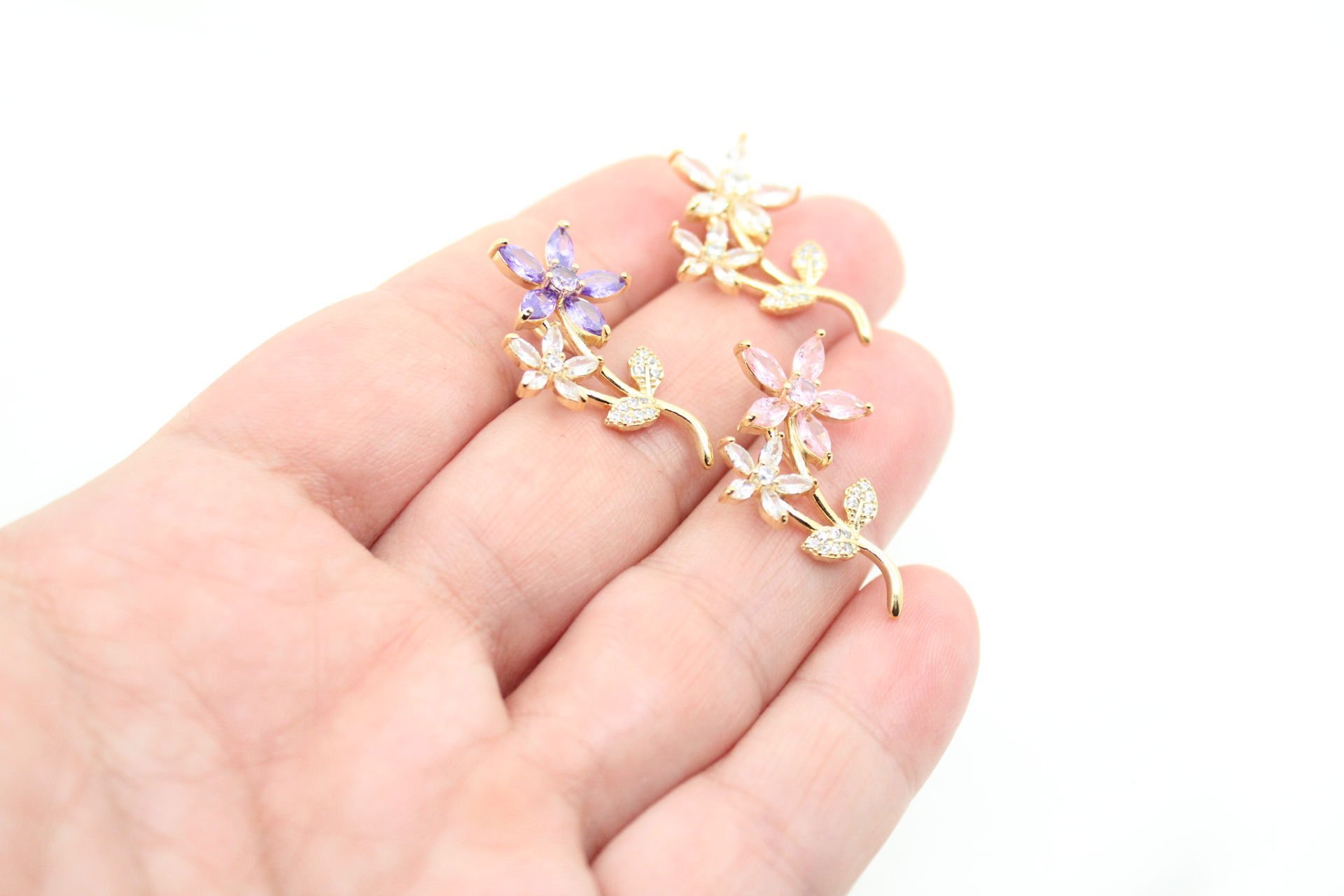 Altın Kaplama Zirkonlu İkili Çiçek