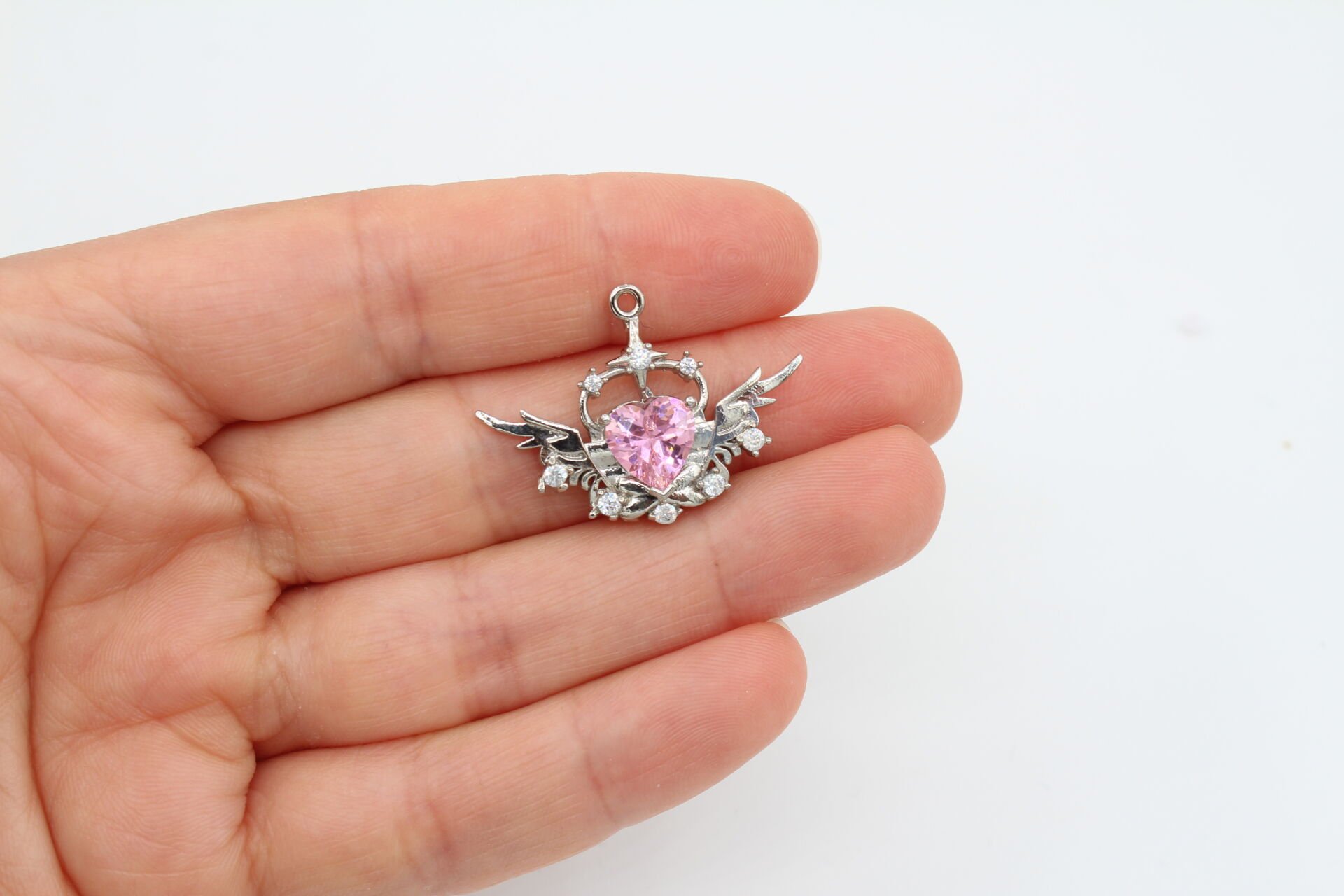 Rodyum Kaplama Zirkonlu Yeni Kanatlı Kalp Pembe