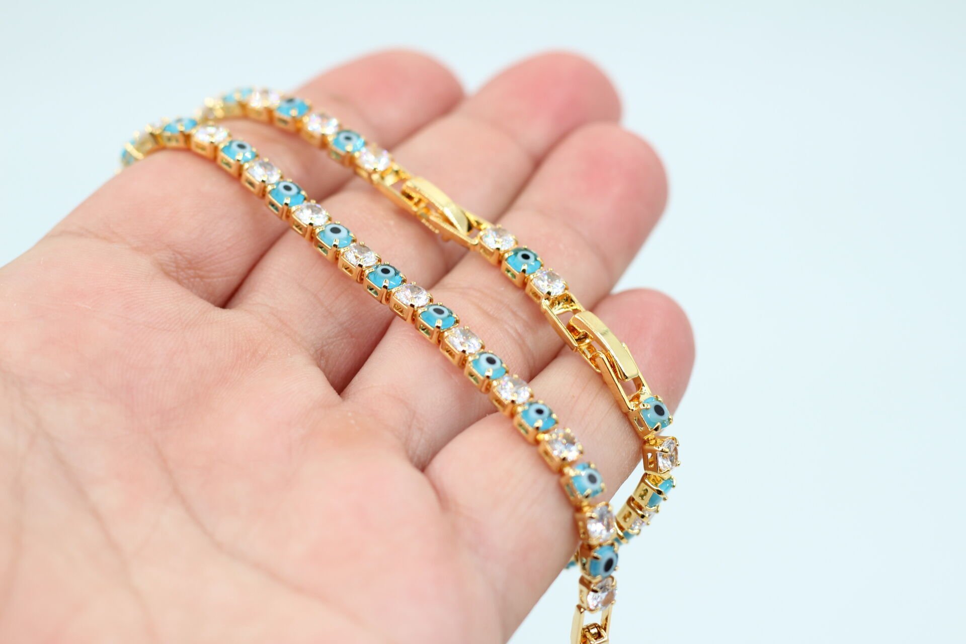 Altın Kaplama Nazar Boncuklu Su Yolu Bileklik Mavi