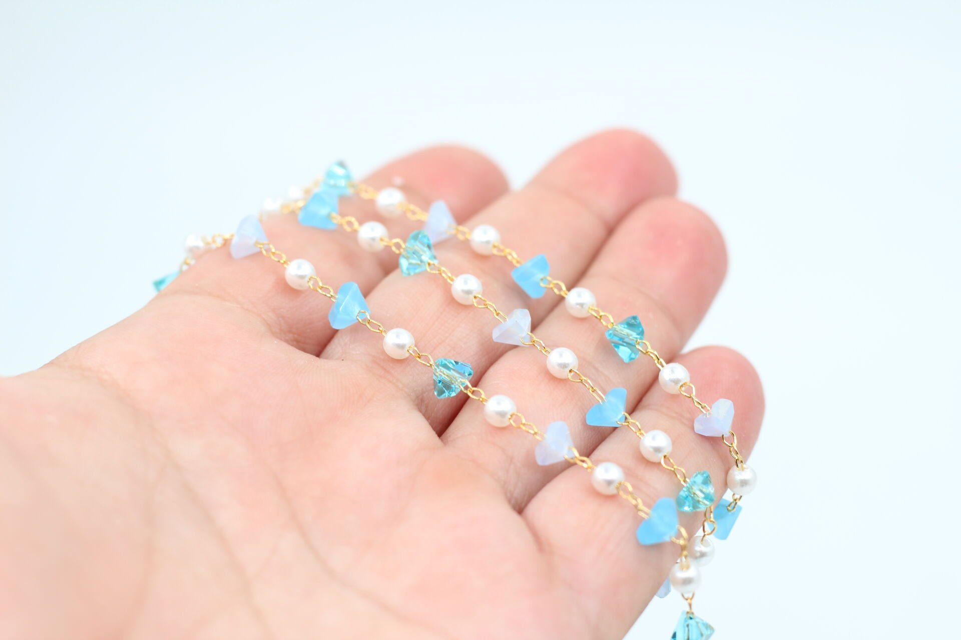 Altın Kaplama Mavi Kristalli İncili Zincir