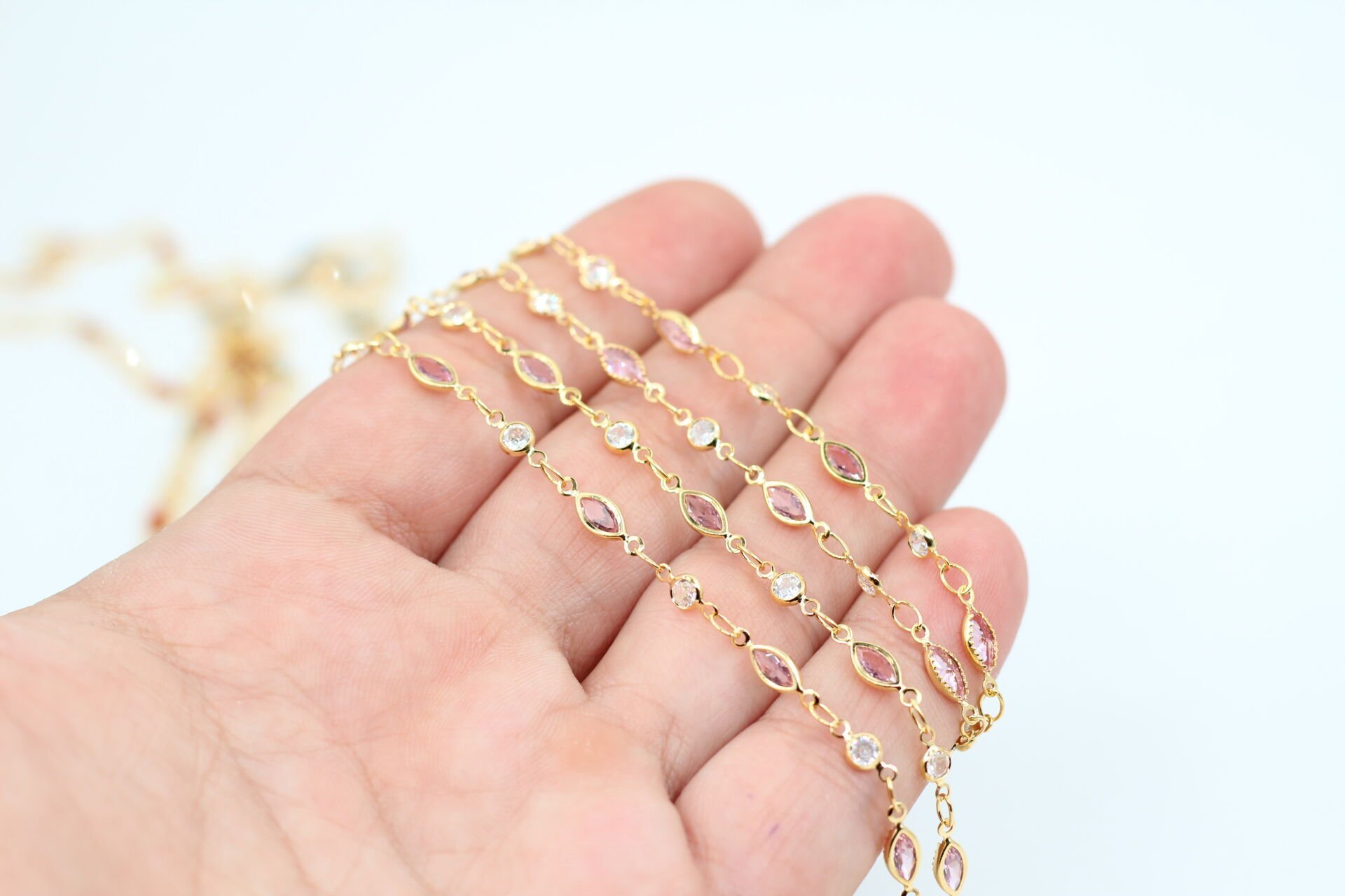 Altın Kaplama Pembe Mekik-Tek Taş Zirkon Zincir