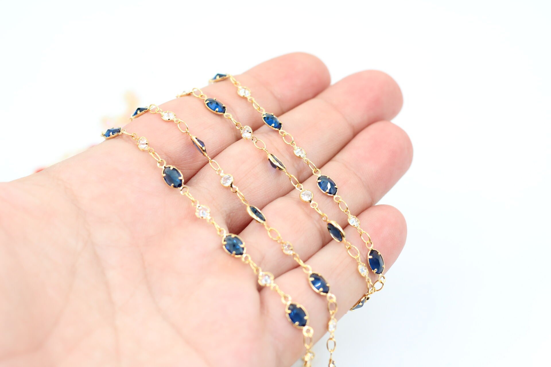 Altın Kaplama Lacivert Oval-Tek Taş Zirkon Zincir