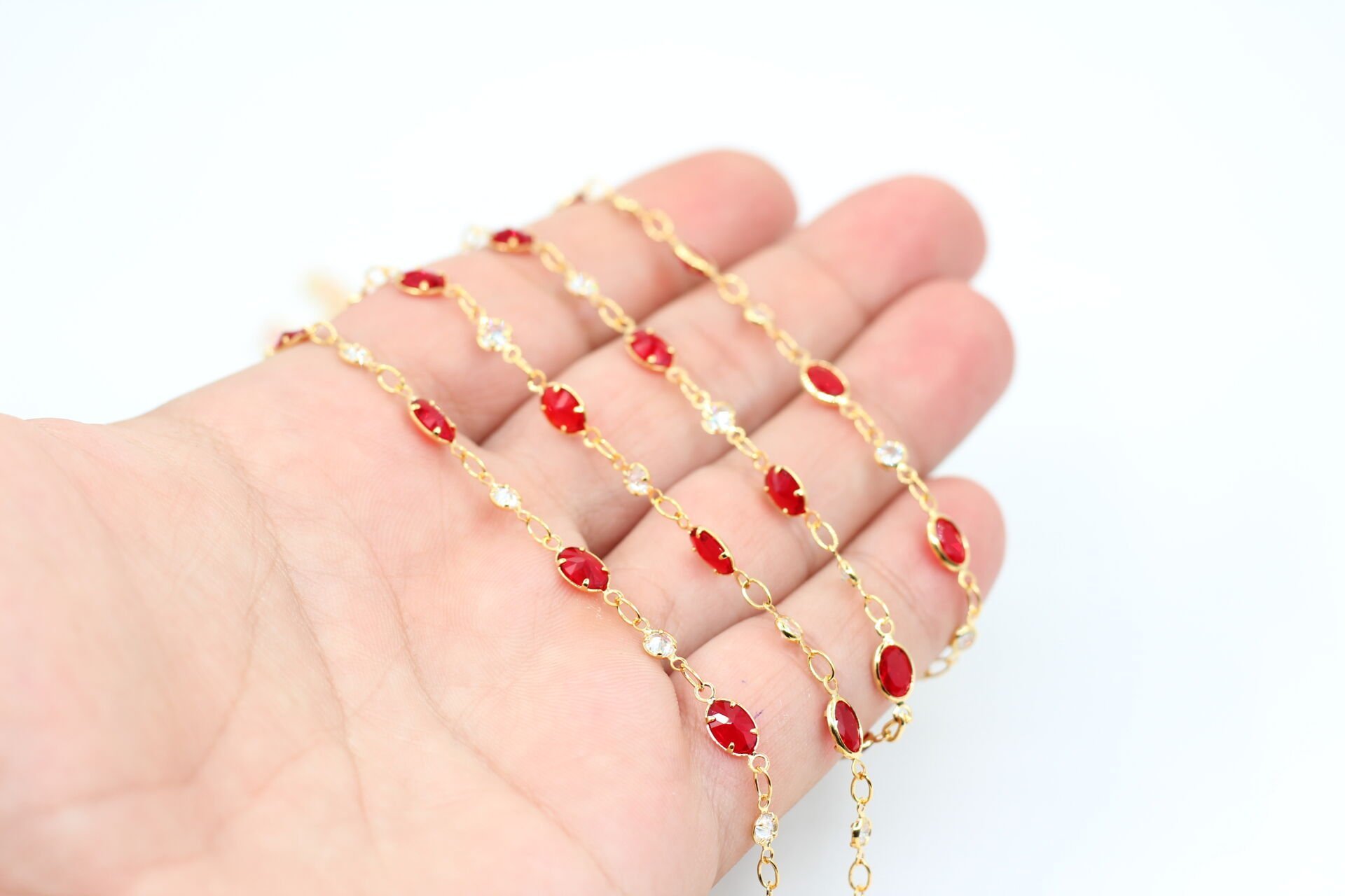 Altın Kaplama Kırmızı Oval-Tek Taş Zirkon Zincir