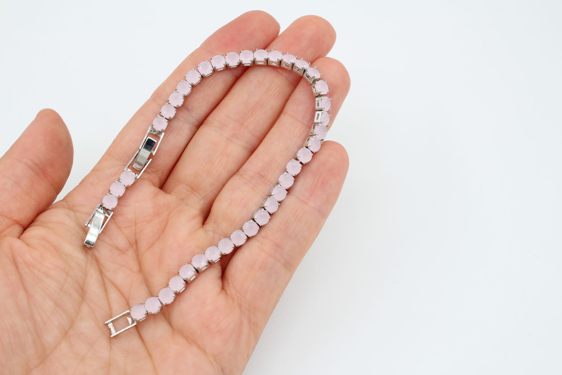 Rodyum Kaplama Yuvarlak Taşlı Buzlu Pembe Bileklik