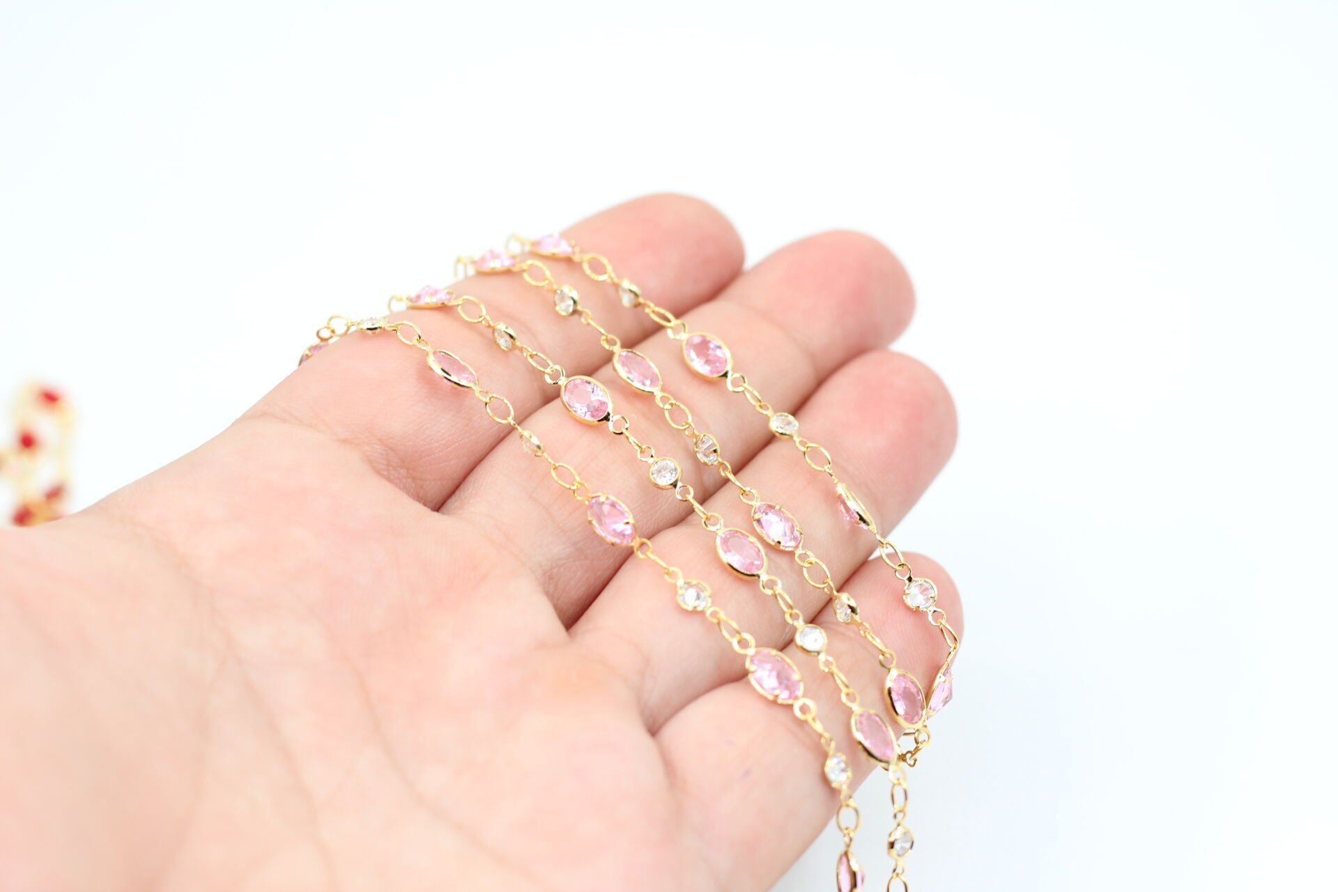 Altın Kaplama Pembe Oval-Tek Taş Zirkon Zincir