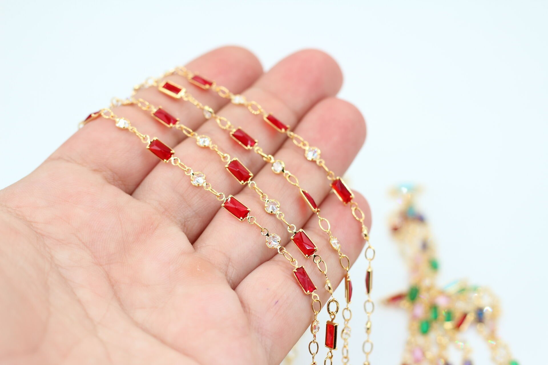 Altın Kaplama Kırmızı Baget-Tek Taş Zirkon Zincir