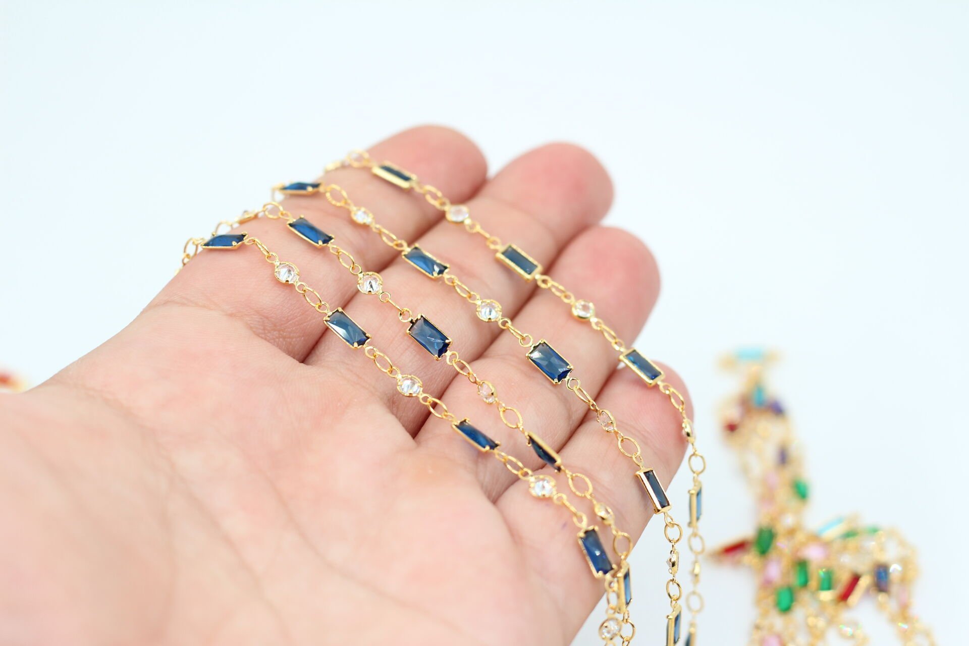 Altın Kaplama Lacivert Baget-Tek Taş Zirkon Zincir