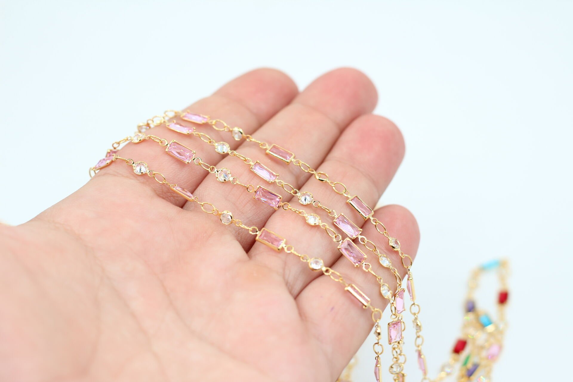 Altın Kaplama Pembe Baget-Tek Taş Zirkon Zincir