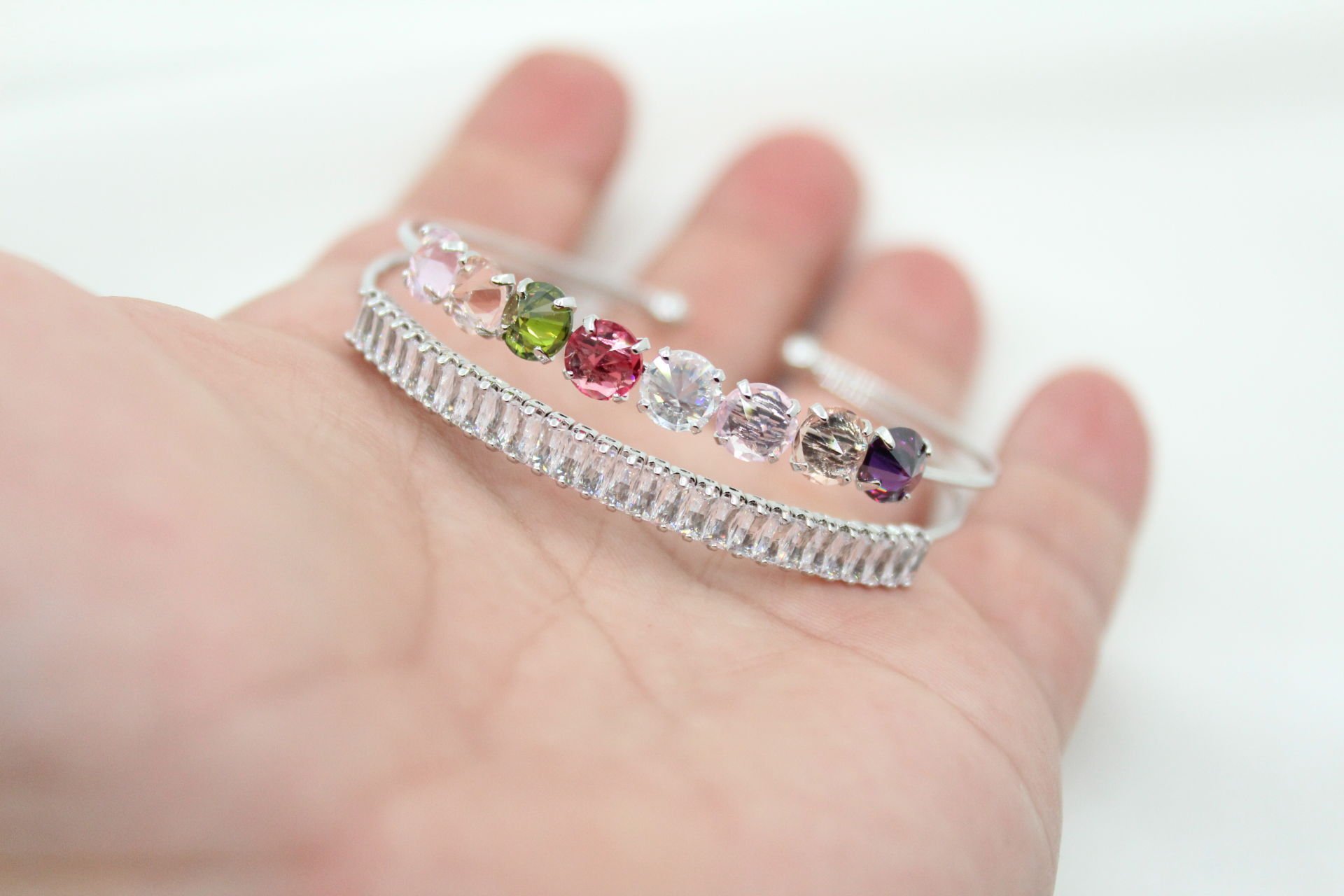 Rodyum Kaplama Yuvarlak+Baget Taşlı 2 Sıra Bileklik