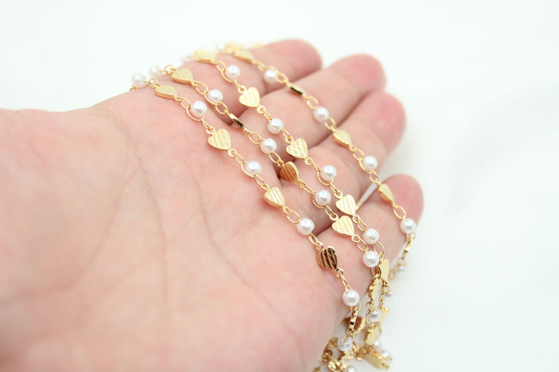 Altın Kaplama Kalpli İncili Zincir