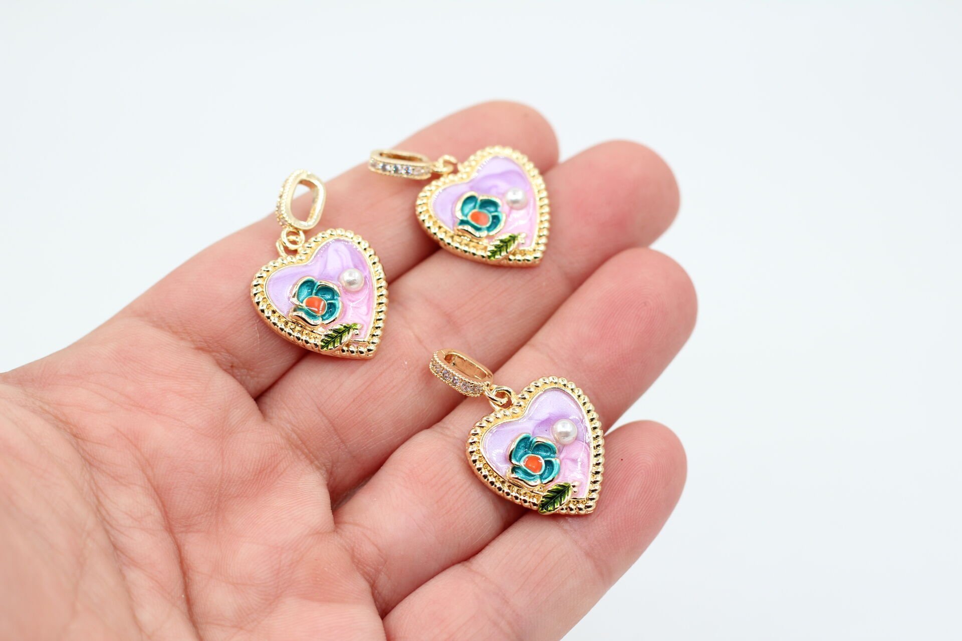 Altın Kaplama İthal İncili Lila Kalp Kolye Ucu