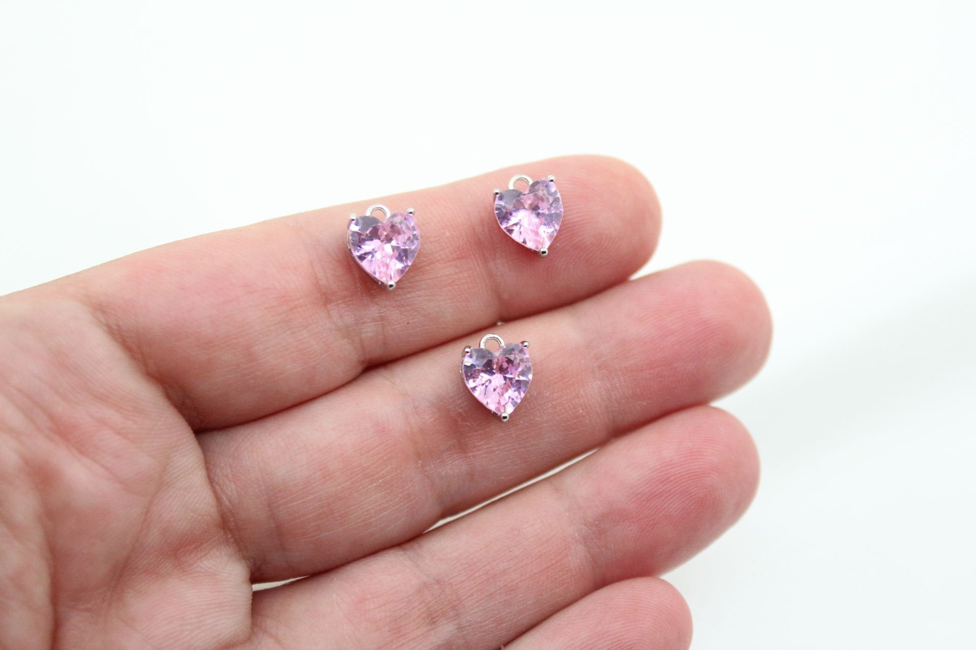 Rodyum Kaplama 8mm Zirkonlu Kalp Kolye Ucu Pembe 
