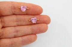 Altın Kap. 8mm Çift Kulplu Zirkon Kalp Pembe
